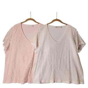 Liz Claiborne Lace V-Neck Tops - Pink and Cream